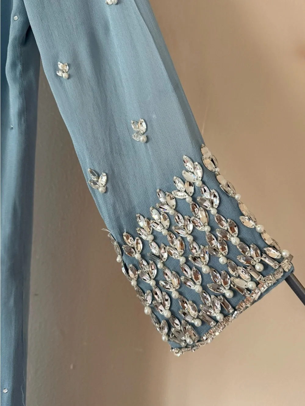 Lulusar Pakistani Light Blue Pearls Rhinestones A line Long Sleeve Dress Xs NWT